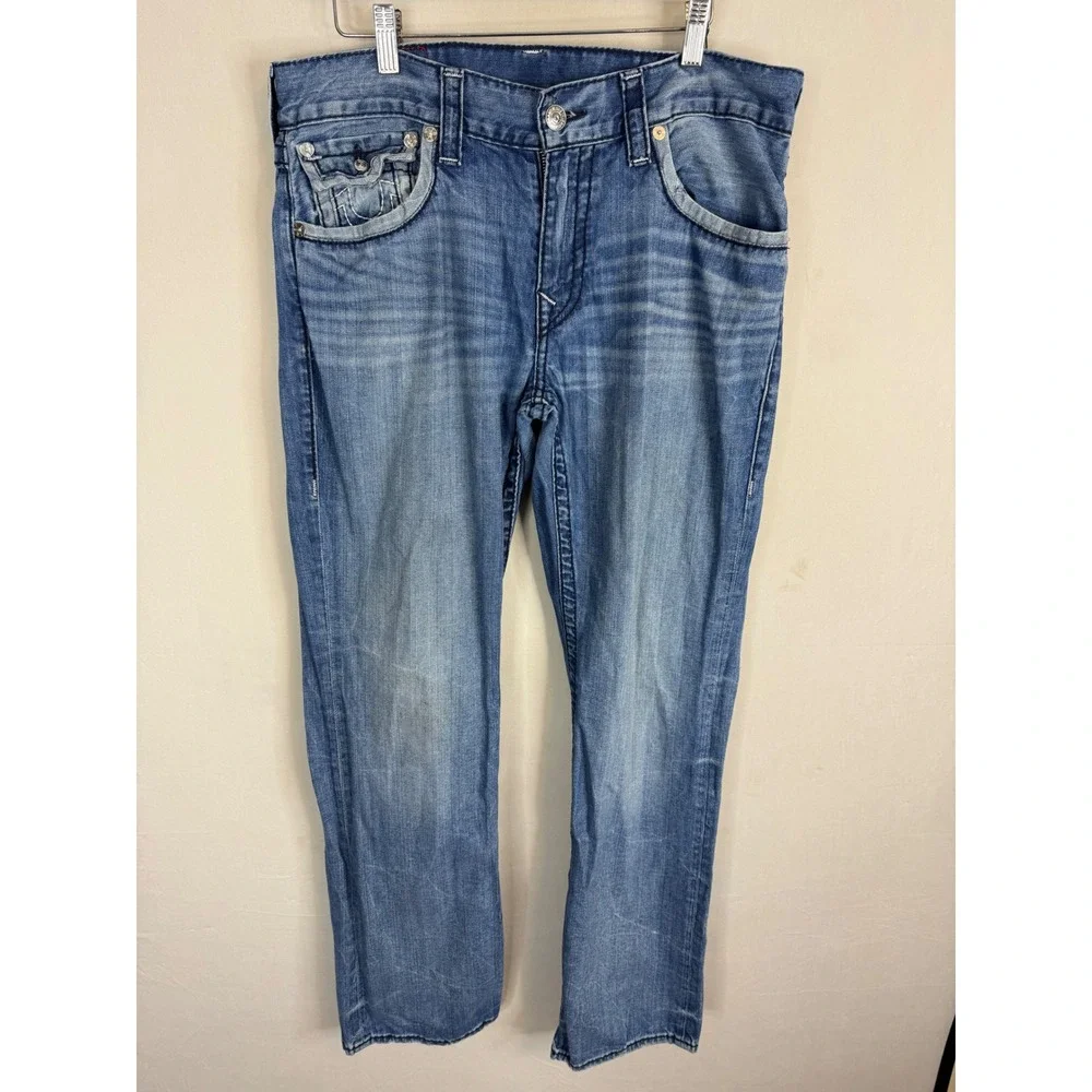 True Religion World Tour Section Straight Flap Jeans‎ Blue Denim Size 34X32